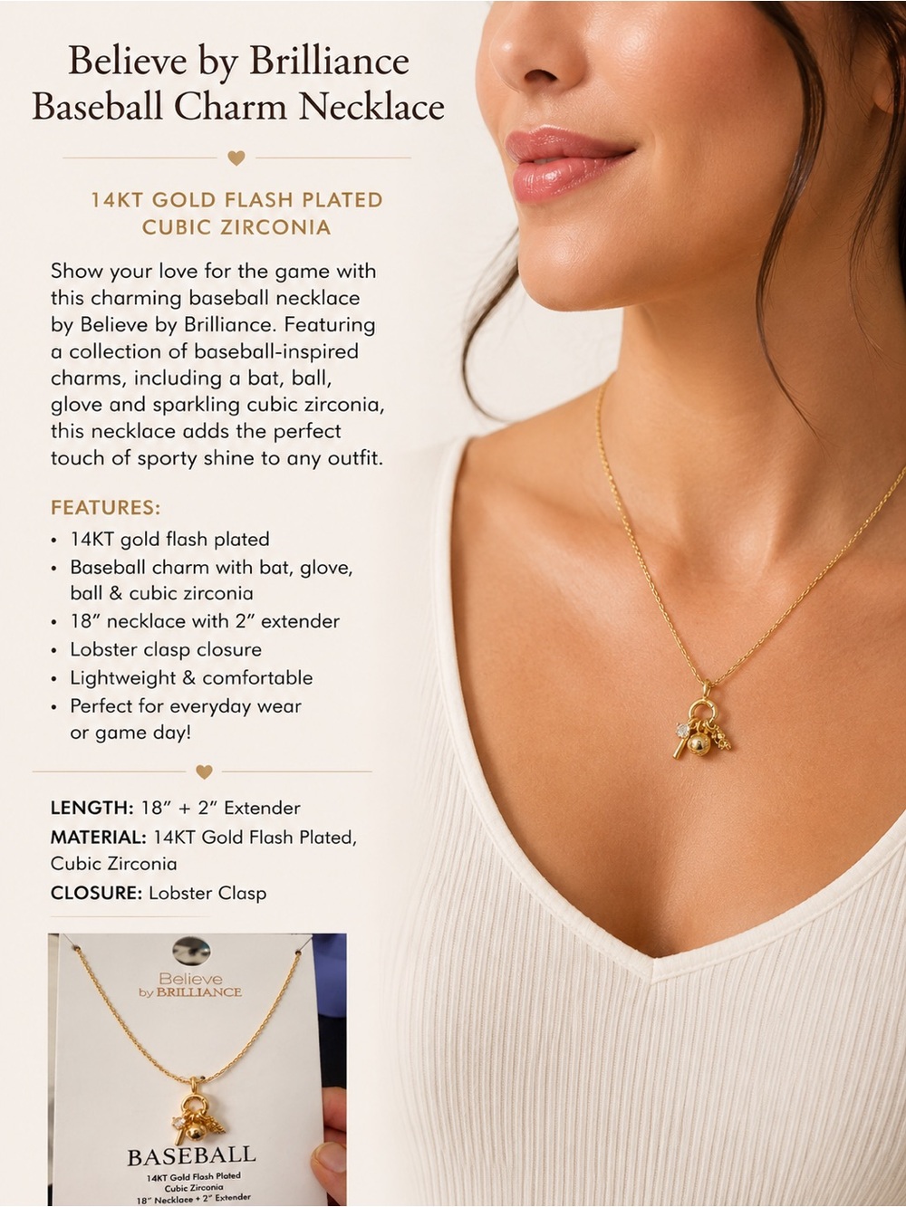 Believe by Brilliance Gold Baseball Charm Necklace